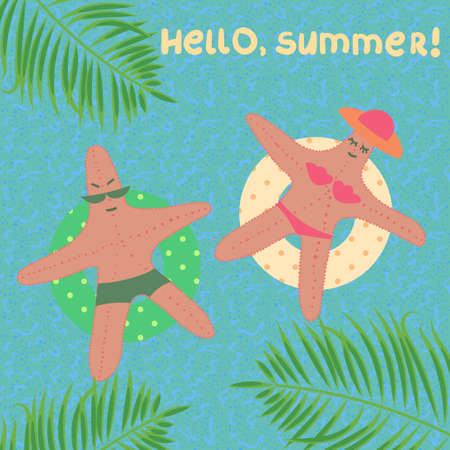 Two starfish swimming with rubber rings. Cartoon illustration.のイラスト素材