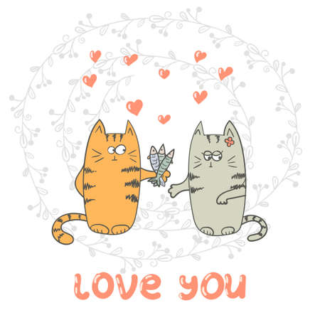 Funny cats in love. hand drawn illustration.のイラスト素材