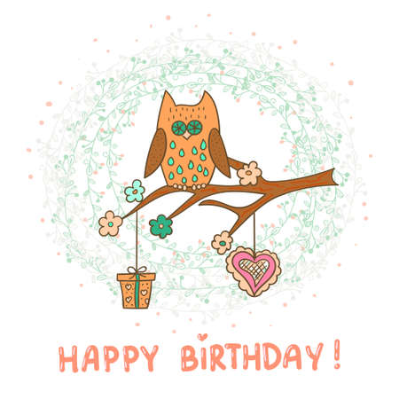 Happy birthday card template. Cute cartoon owl. Vector illustration.のイラスト素材