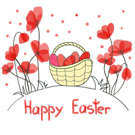 Happy Easter card with eggs and beautiful red flowers. Doodle holiday vector illustration.のイラスト素材