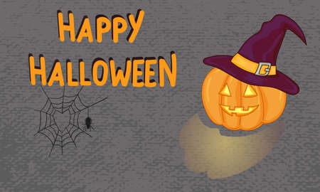 Halloween vector card template with cartoon pumpkin in the witch hat. Holidays background.のイラスト素材