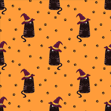 Halloween seamless pattern with black cats in witches hats. Hand drawn vector background.のイラスト素材