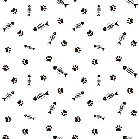 Seamless vector background with fish bones and cat's paws on white.のイラスト素材