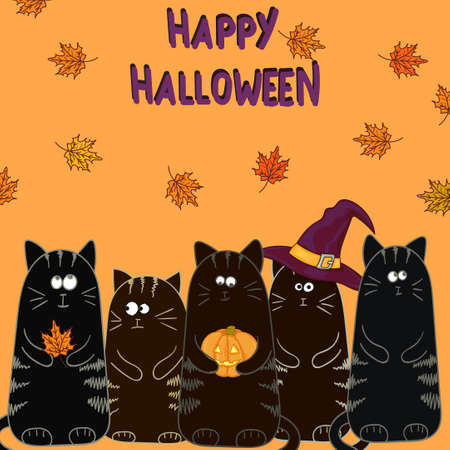 Happy Halloween background with funny black cats. Greeting card template.のイラスト素材