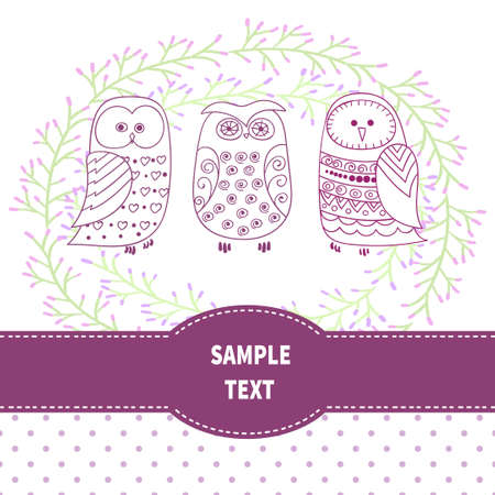 Invitation template with cute doodle owls.のイラスト素材