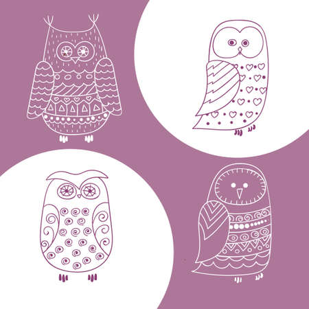 Set of cute hand drawn owls. Collection of hand drawn birds. Vector illustration.のイラスト素材