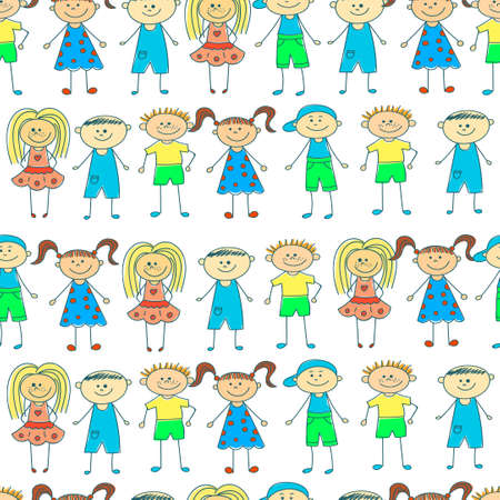 Seamless children background, repeating pattern with happy kids. Vector illustration.のイラスト素材