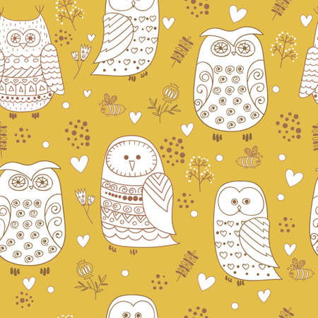 Seamless background with cute owls, flowers and hearts. Repeating pattern for wallpaper, wrapping paper and backdrop.のイラスト素材