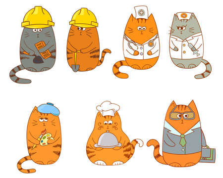 Set of cartoon cat characters. Collection of occupations - construction workers, medical team doctor and nurse, the artict , the cook and the manager.のイラスト素材