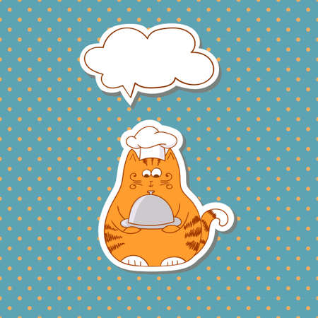 Cartoon cat cook with bubble speech on dots background. Vector illustration.のイラスト素材
