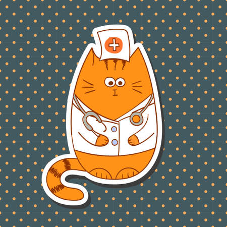 Cute carton doctor cat on dots background. Vector illustration.のイラスト素材