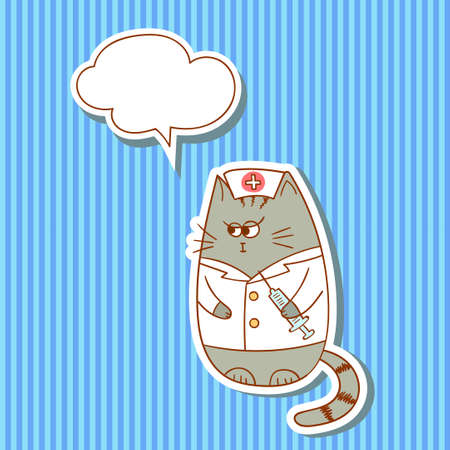 Cartoon nurse cat with speech bubble on stripped background.のイラスト素材