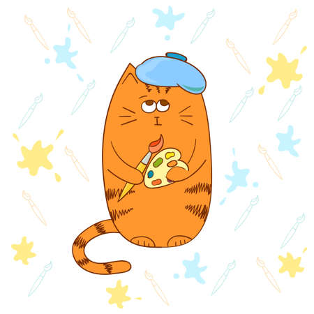 Cartoon cat artist with brush and palette. Funny character.のイラスト素材