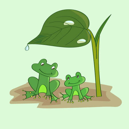 Cartoon frogs under the leaf. Vector illustration.のイラスト素材