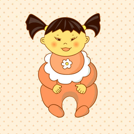 Cartoon asian baby girl on dots background. Vector illustrationのイラスト素材