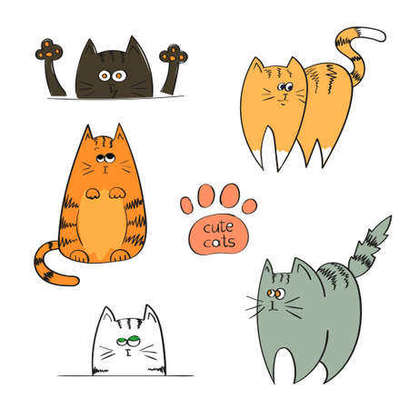 Set of doodle cute cats isolated on white background. Colorful vector illustration.のイラスト素材