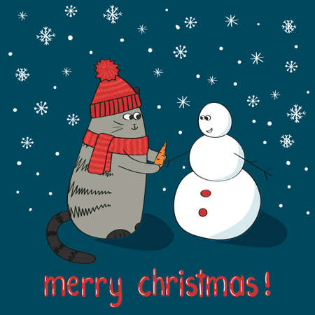 Merry Christmas card template. Cute cartoon cat and snowman, doodle vector illustration.のイラスト素材