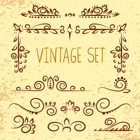 Set of vintage decorative elements - corners, frames, curly patterns. Hand drawn calligraphic ornaments.のイラスト素材