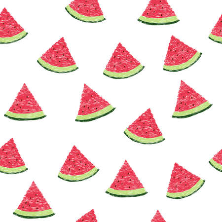 Seamless pattern with slices of watermelon. Doodle vector background.のイラスト素材