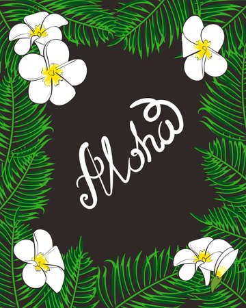 Aloha Hawaii frame. Vector illustration of palm leaves and tropical flowers.のイラスト素材