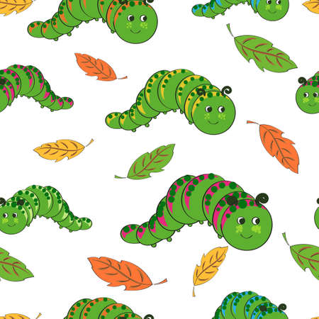 Cute caterpillars pattern. Funny worms background.のイラスト素材
