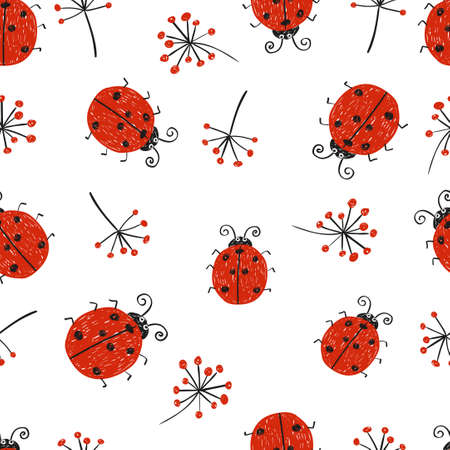 Ladybugs seamless pattern. Vector repeating wallpaper with cute doodle ladybirds.のイラスト素材