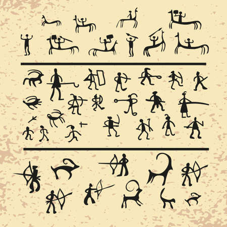 Rock painting symbols of people and animals. Set of icons.のイラスト素材