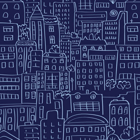 Cityspate seamless pattern. Vector repeating background with abstract city buildings. Doodle night landscape for your design.のイラスト素材