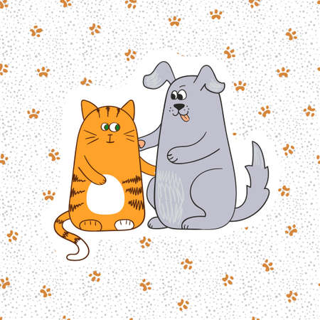 Cute cat and dog. Doodle vector illustration. Paws print background.のイラスト素材