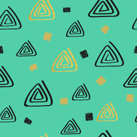 Abstract seamless pattern with black and gold glitter triangles. Repeating background.のイラスト素材
