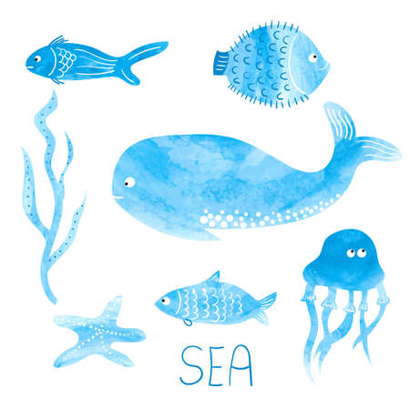 Watercolor sea animals set. Cute hand drawn whale, fishes, jellyfish. Collection of ocean animals isolated on white background.のイラスト素材