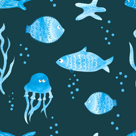 Underwater background in blue. Watercolor fish seamless pattern.のイラスト素材