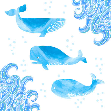 Watercolor whales set. Collection of cute whales isolated on white. Doodle waves corner decor. Vector illustration.のイラスト素材