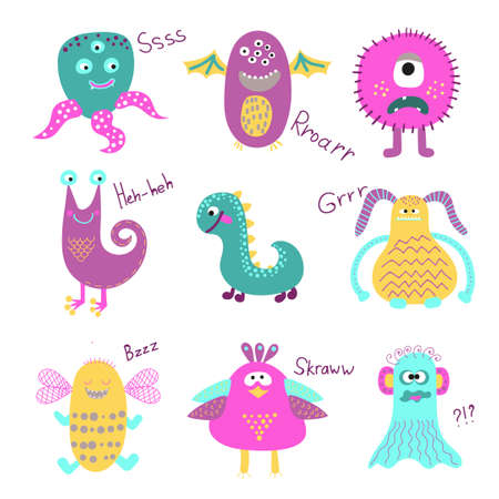 Set of cute cartoon monsters isolated on white background. Funny creatures collection. Vector illustrations.のイラスト素材