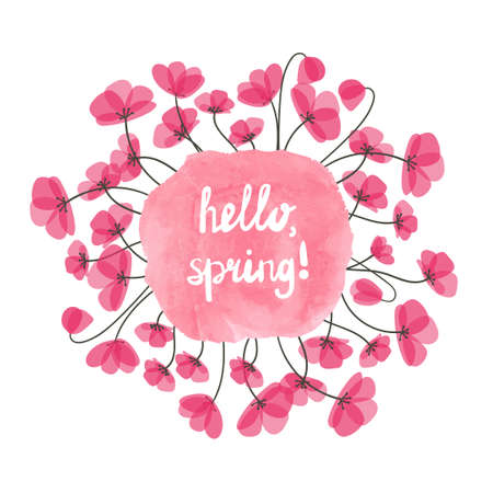 Hello spring vector illustration. Watercolor pink splash and delicate flowers isolated on white. Round floral decorative element for design.のイラスト素材