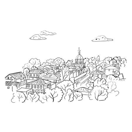Sketch of the city. Doodle cityscape isolated on white. Hand drawn vector illustration.のイラスト素材