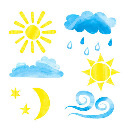 Set of watercolor weather icons. Watercolor sun, clouds, moon, stars and wind. Vector illustrations isolated on white background.のイラスト素材