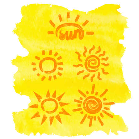 Set of doodle sun icons on watercolor yellow background. Collection of abstract symbols of sun. Vector illustrations.のイラスト素材