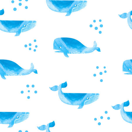 Cute watercolor whales seamless pattern. Vector repeating background.のイラスト素材