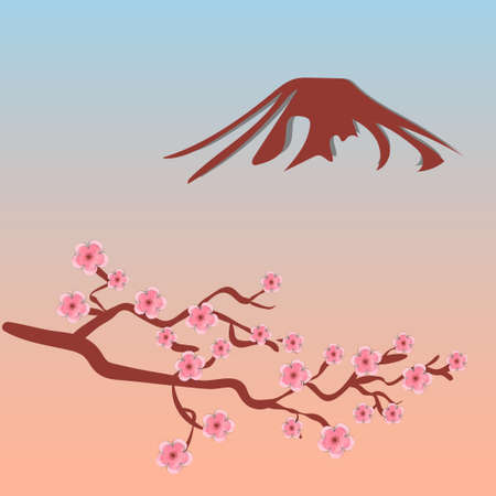 Blossoming cherry tree branch - sakura, and silhouette of Mount Fuji. Vector illustration.のイラスト素材