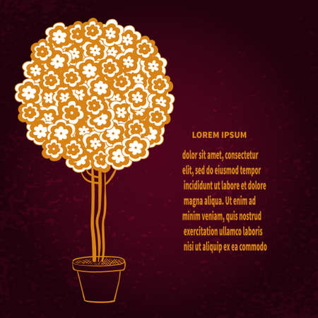 Blossom tree in pot, stylized bonsai in gold colors. vector illustration.のイラスト素材