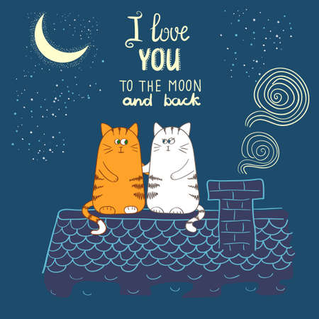 Cute cartoon cats in love. Romantic vector illustration. I love uoy to the moon and back - lettering. Valentine`s day design.のイラスト素材