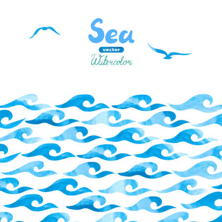 Watercolor sea background. Abstract blue painting waves isolated on white. Hand drawn vector illustration of ocean for your design.のイラスト素材