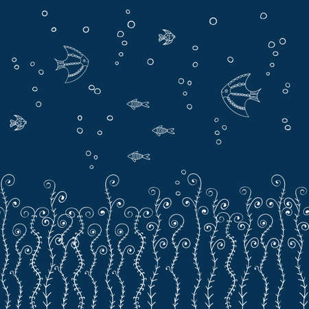 Seamless horizontal pattern with abstract fish and seaweeds. Vector doodle background.のイラスト素材