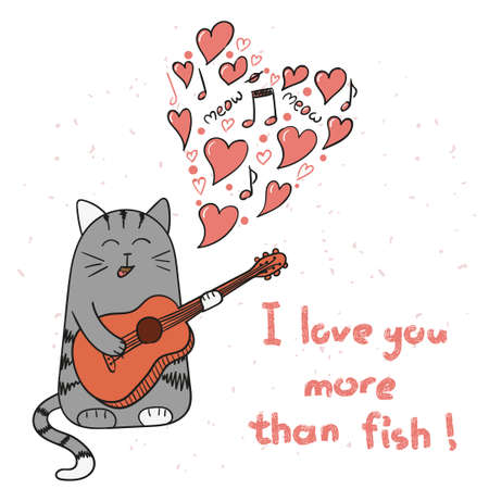 Cute cartoon cat in love. Doodle singing cat with guitar. Valentine`s Day card design. Vector illustration.のイラスト素材