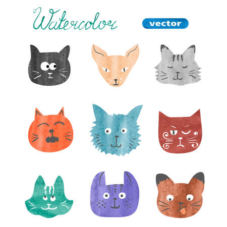 Set of cute cats. Watercolor collection of cats heads isolated on white. Vector illustration.のイラスト素材