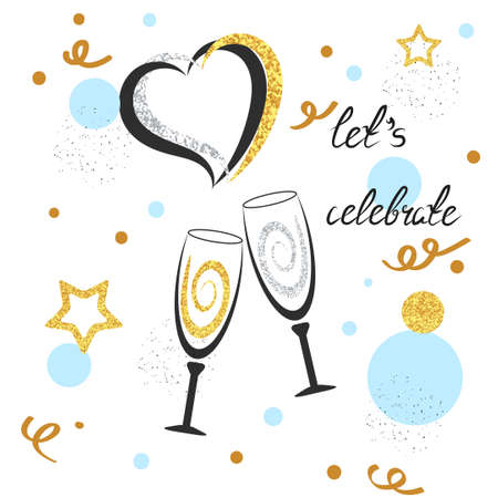 Champagne glasses with sparkling hearts, stars and dots. Celebration background. Let`s celebrate lettering. Birthday, wedding, party card design. Vector celebration illustration.のイラスト素材