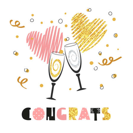 Celebration background with two champagne glasses. Glittering card design for birthday, party invitation, anniversary. Congrats lettering. Vector celebration background.のイラスト素材