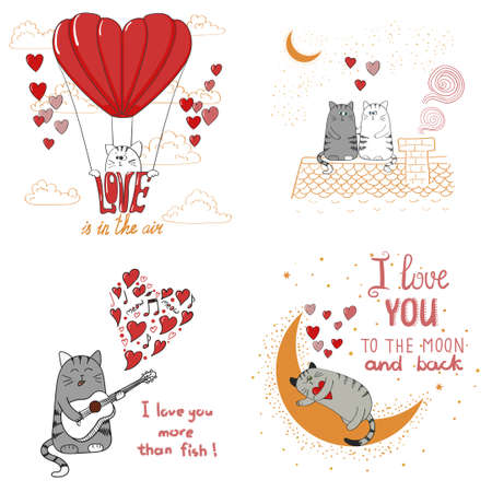 Cute cats in love. Set of funny cartoon cats isolated on white background. Romantic vector illustrations for birthday cards, invitations, Valentine`s Day design.のイラスト素材