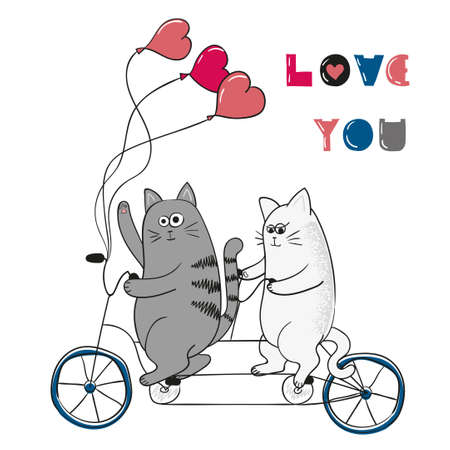 Cute cats in love. Love you lettering. Romantic background. Valentine`s day design. Two cartoon cats on bicycle.のイラスト素材